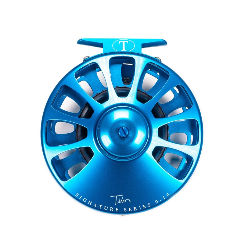 Tibor Signature Series 9-10 Fly Reel - Aqua / Sunset Orange Hub & Reel Stand + Name Plate