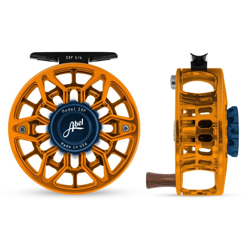 Abel SDF 5/6 Fly Reel - Ported Orange Finish / Deep Blue Drag Knob & Rose Wood Handle