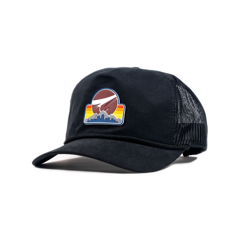 Retro Skyline Patch Rope Trucker Hat - Black / Black