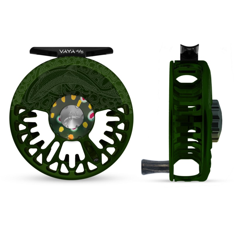 Abel Vaya 4/5 Fly Reel - Deep Green Finish With Underwood Sight Fish Engraved Design / Native Brook Drag Knob & Ebony Wood Handle
